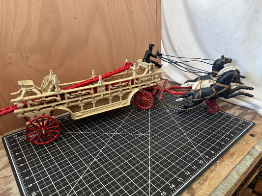 Vintage Cast Iron Hook & Ladder Fire Truck – 31” Long, 3 Horses, 3 Ladders