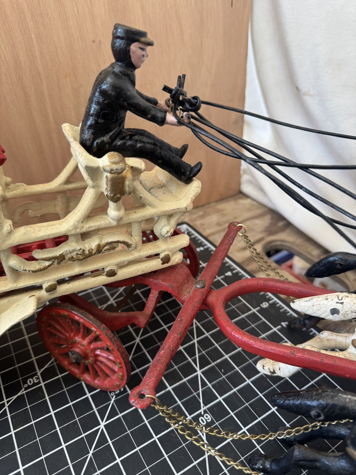 Vintage Cast Iron Hook & Ladder Fire Truck – 31” Long, 3 Horses, 3 Ladders