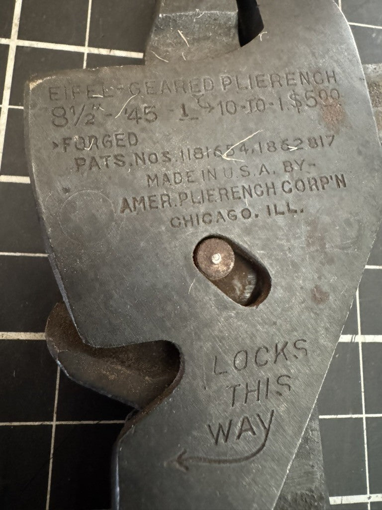 Vintage Eifel Geared Plierench Pliers Wrench 8-1/2” 42 Made – Chicago USA – 1916
