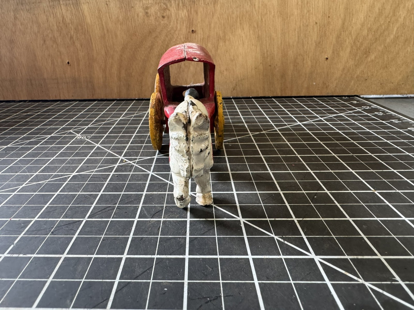 Vintage Cast Iron Ice Horse & Cart Figure – 8” Buggy Pulling Wagon, Red & White