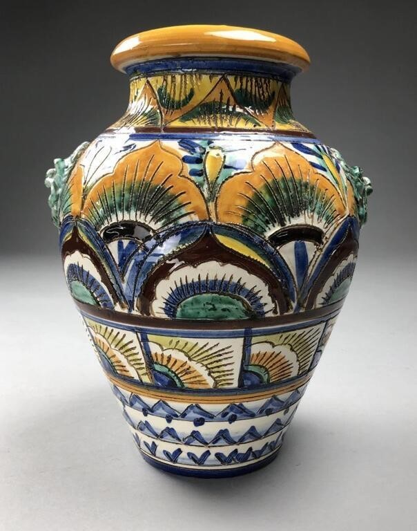 Mid-20th C. Italian Hand-Painted Vase – Incised Pottery with Lion Handles