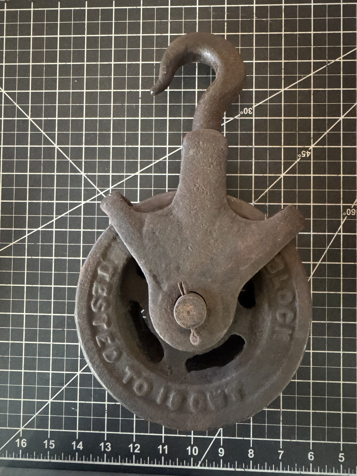Vintage Cast Iron Double Pulley with Hook – Heavy Industrial Block, 14” x 8”