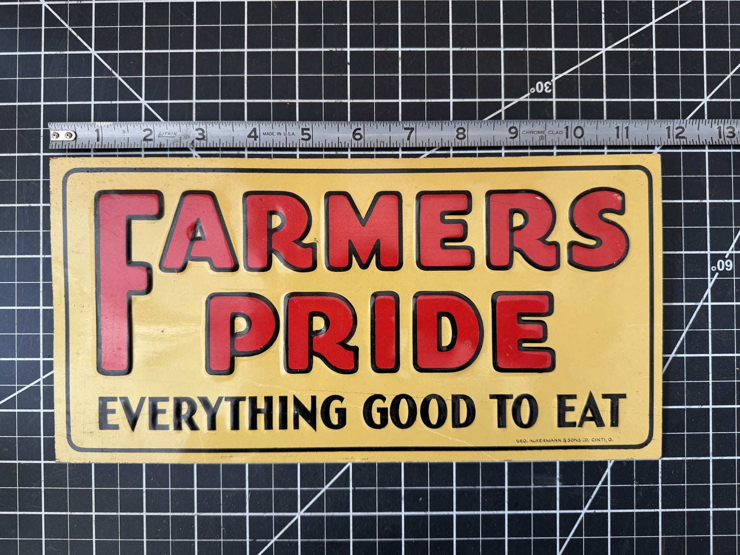 1930s NOS “FARMERS PRIDE Everything Good to Eat” Embossed Metal Sign – 11.5”x6”