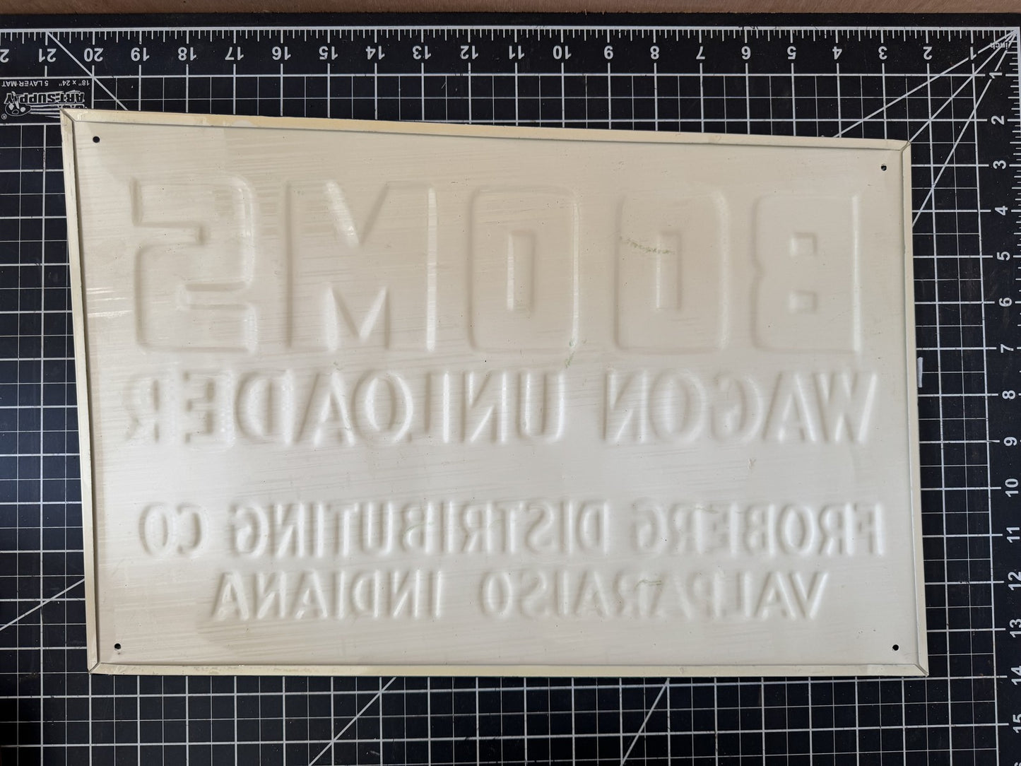 BOOMS Wagon Unloader Embossed Metal Sign – NOS, Valparaiso IN, 17”x11”