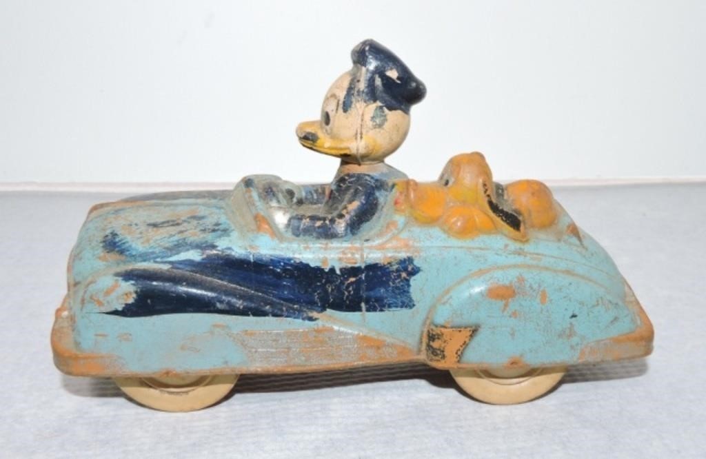 1940s Sun Rubber Donald Duck & Pluto Car – Vintage Disney Heavy Rubber Toy