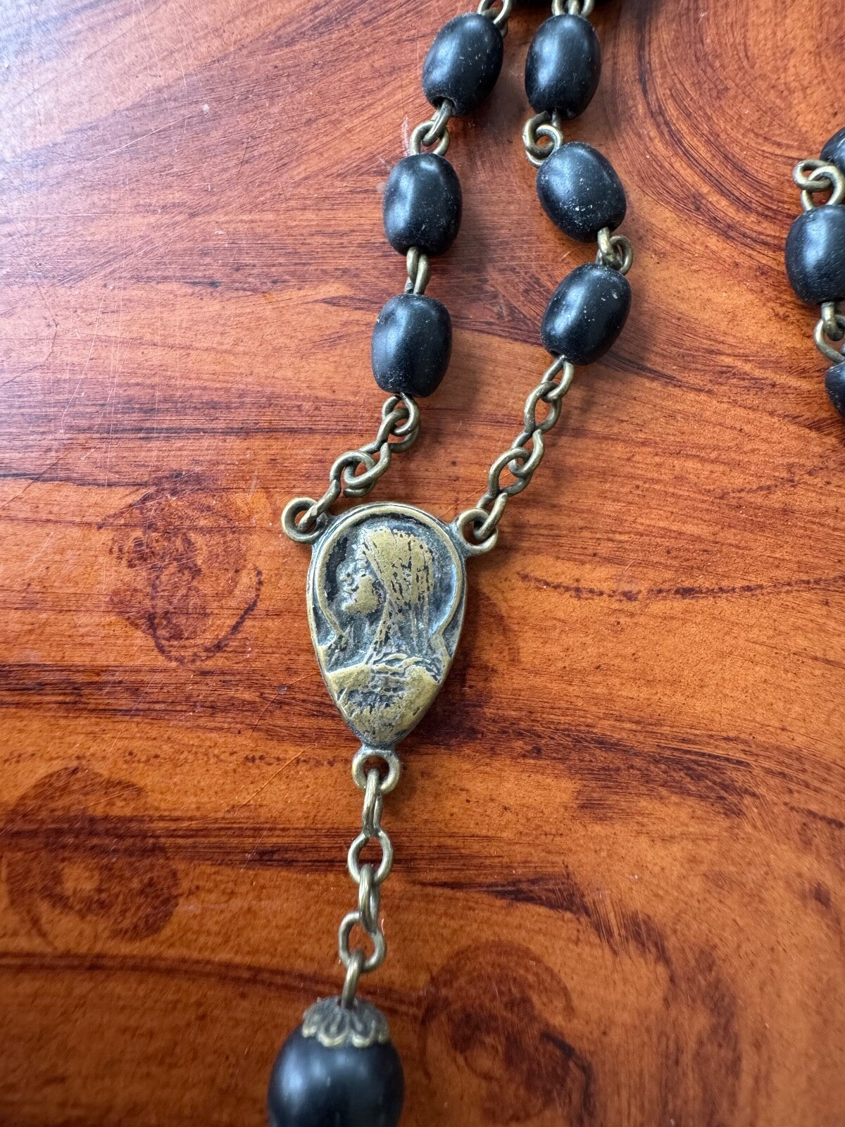 Vintage Black Wood Beads & Metal Cross Rosary