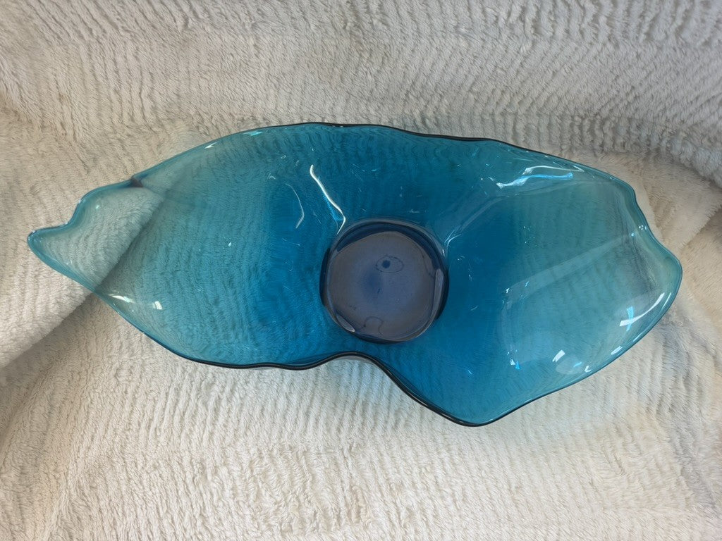 Vintage Hand Blown Blue Ruffle Art Glass Bowl – 17” Wide x 9”
