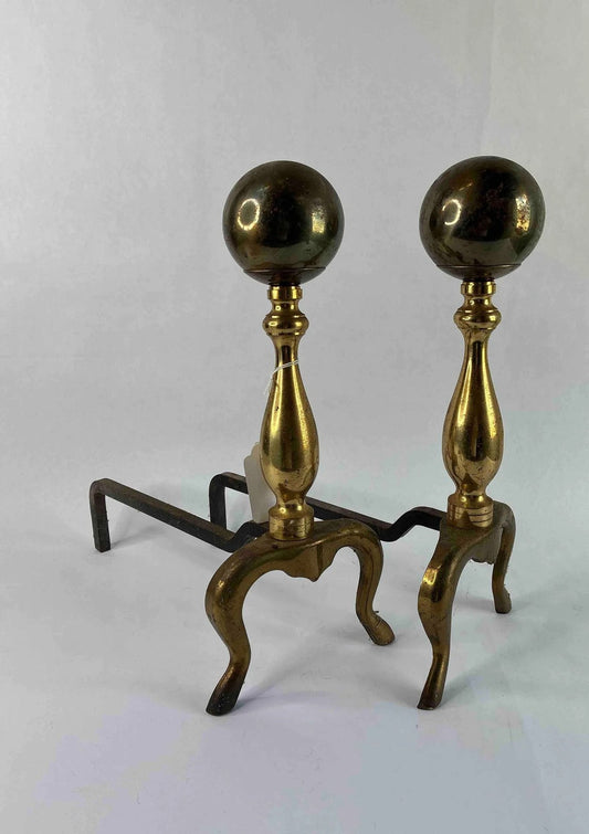 Vintage Brass-Finish Fireplace Andirons – 15” Tall – Minimal Tarnish