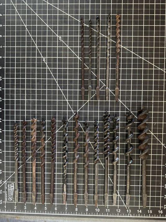 Lot of 18 Vintage Wood Auger Drill Bits – Mixed Brands, Mostly Unmarked
