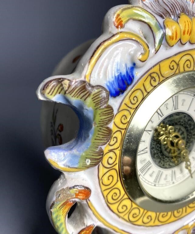 French Faience Hand-Painted Lambrequin Clock – Mercedes German Movement