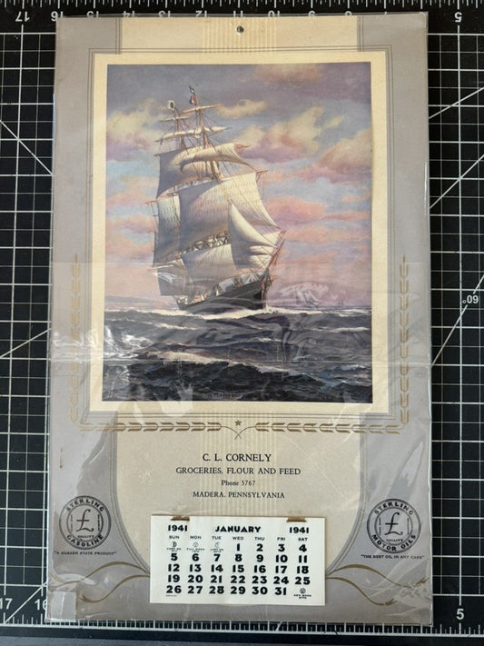 Vintage 1941 C.L. Cornely Advertising Calendar - Ship – Groceries, Flour & Feed