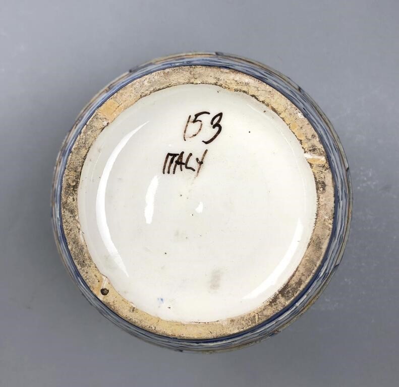 Mid-20th C. Italian Hand-Painted Vase – Incised Pottery with Lion Handles