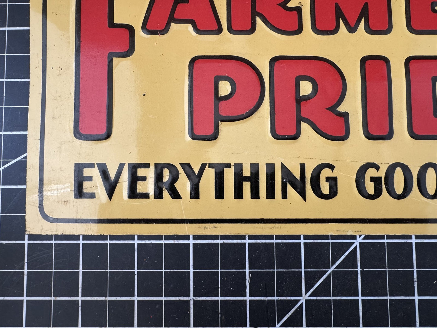 1930s NOS “FARMERS PRIDE Everything Good to Eat” Embossed Metal Sign – 11.5”x6”