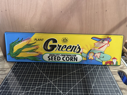 “Plant Green’s Quality Seed Corn” Embossed Metal Sign – Vintage Farm Advertising