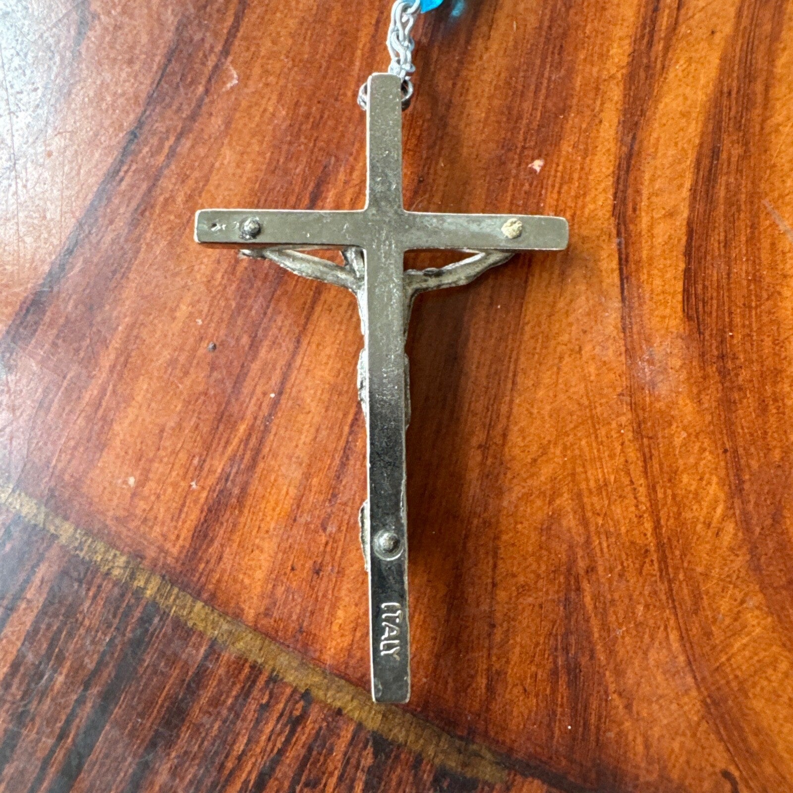 Vintage Blue Bead Made In Italy Rosary Silver Crucifix Pendant