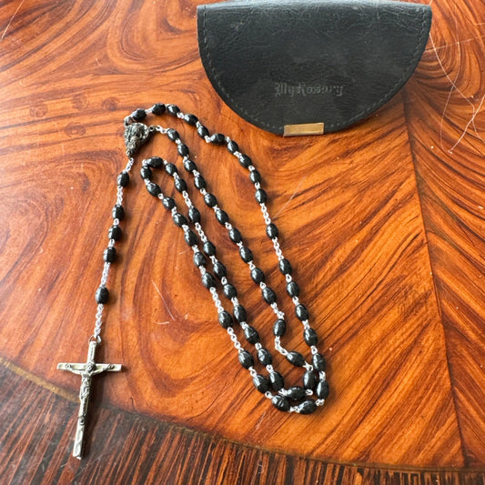 Vintage Black Bead Rosary Catholic Crucifix Religious Made In Italy