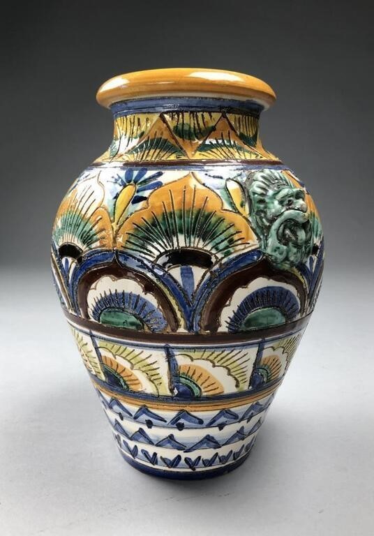Mid-20th C. Italian Hand-Painted Vase – Incised Pottery with Lion Handles