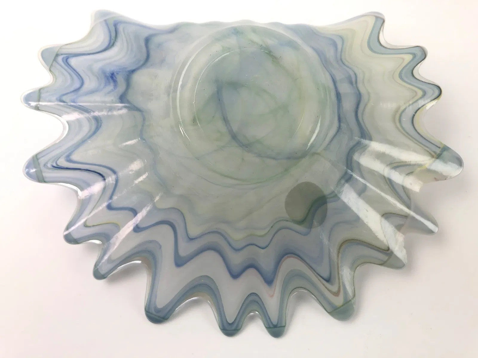 Murano Art Glass Bowl – Wavy Starburst Rim – Blue & Gray Swirl – 8” – Italy