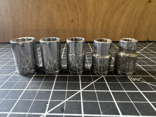 Lot of 5 Vintage Truecraft Sockets – 7/16 to 3/4 – USA