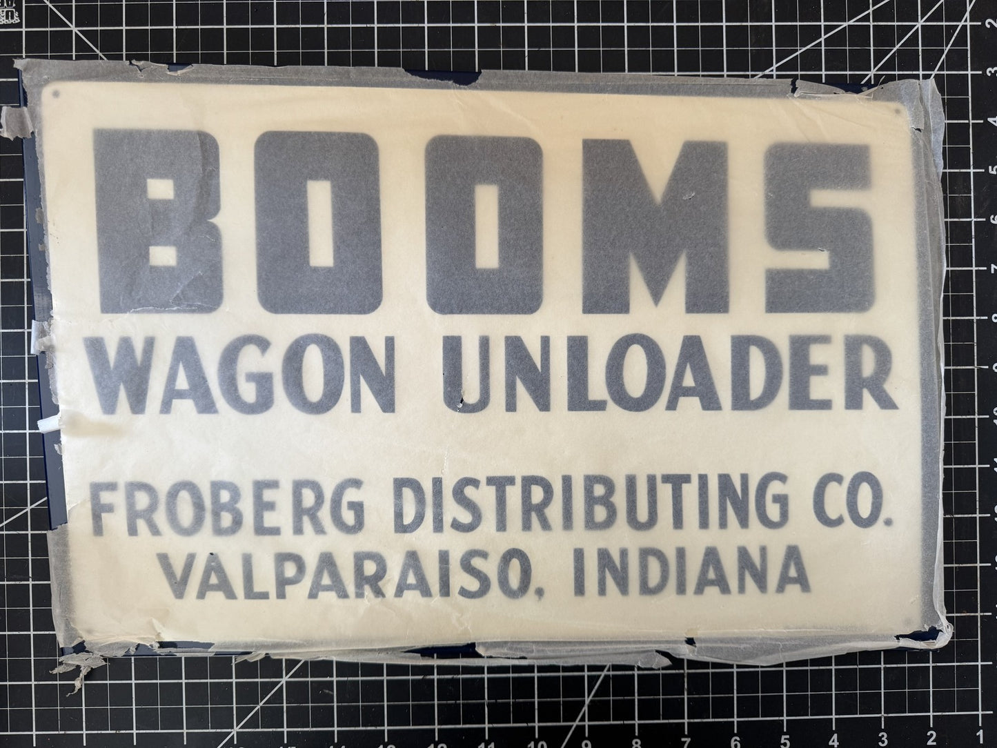BOOMS Wagon Unloader Embossed Metal Sign – NOS, Valparaiso IN, 17”x11”