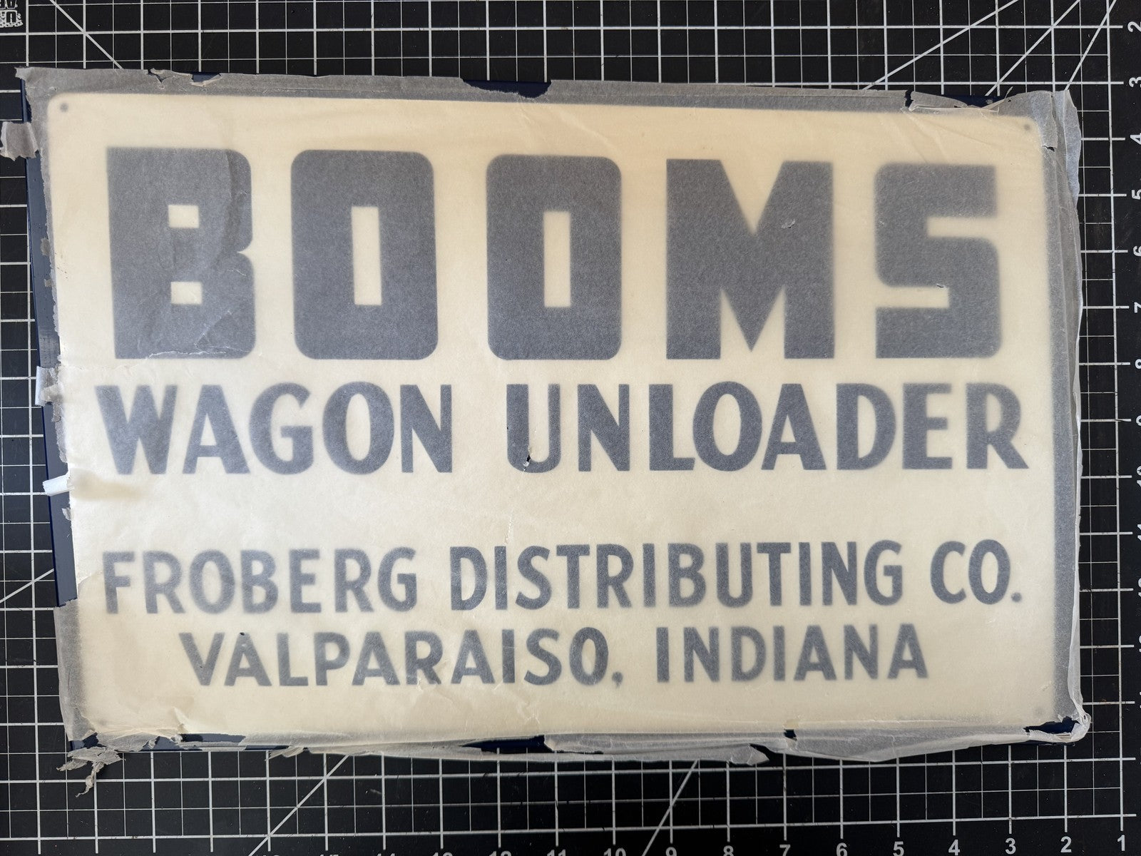 BOOMS Wagon Unloader Embossed Metal Sign – NOS, Valparaiso IN, 17”x11”