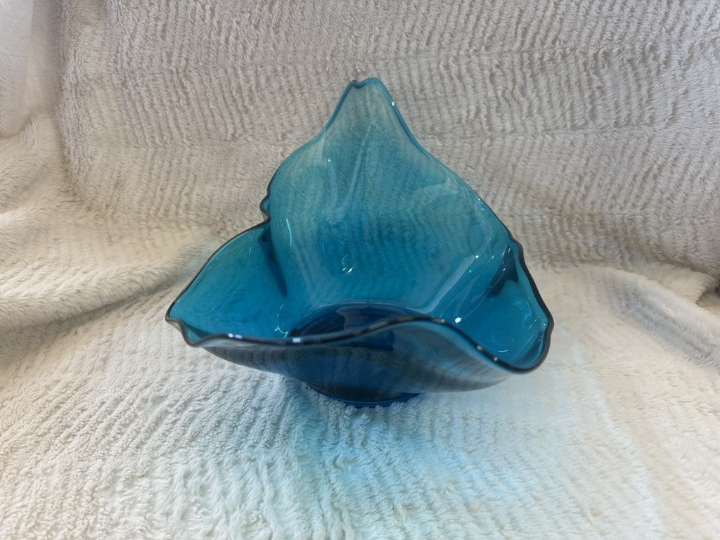 Vintage Hand Blown Blue Ruffle Art Glass Bowl – 17” Wide x 9”
