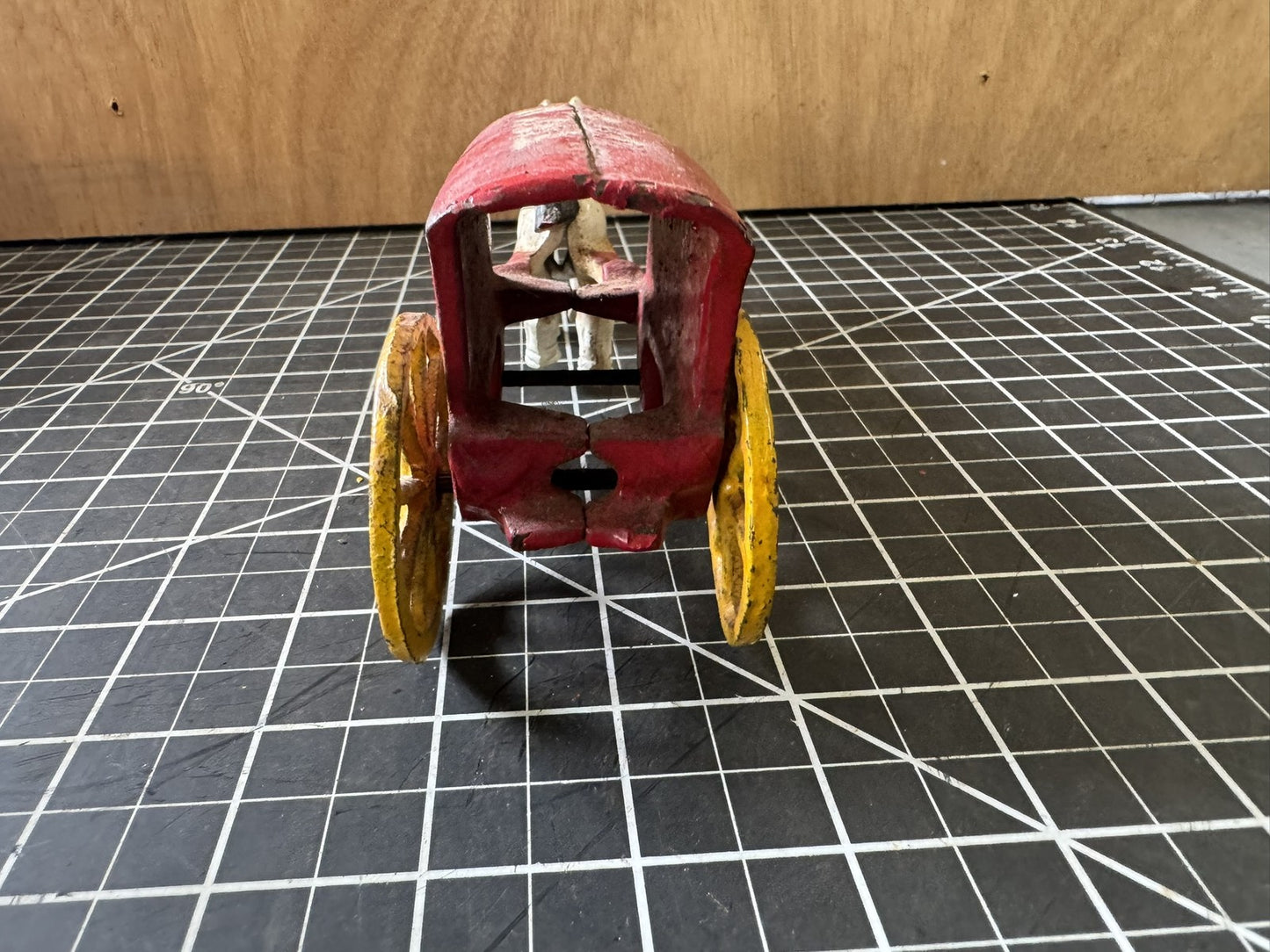 Vintage Cast Iron Ice Horse & Cart Figure – 8” Buggy Pulling Wagon, Red & White