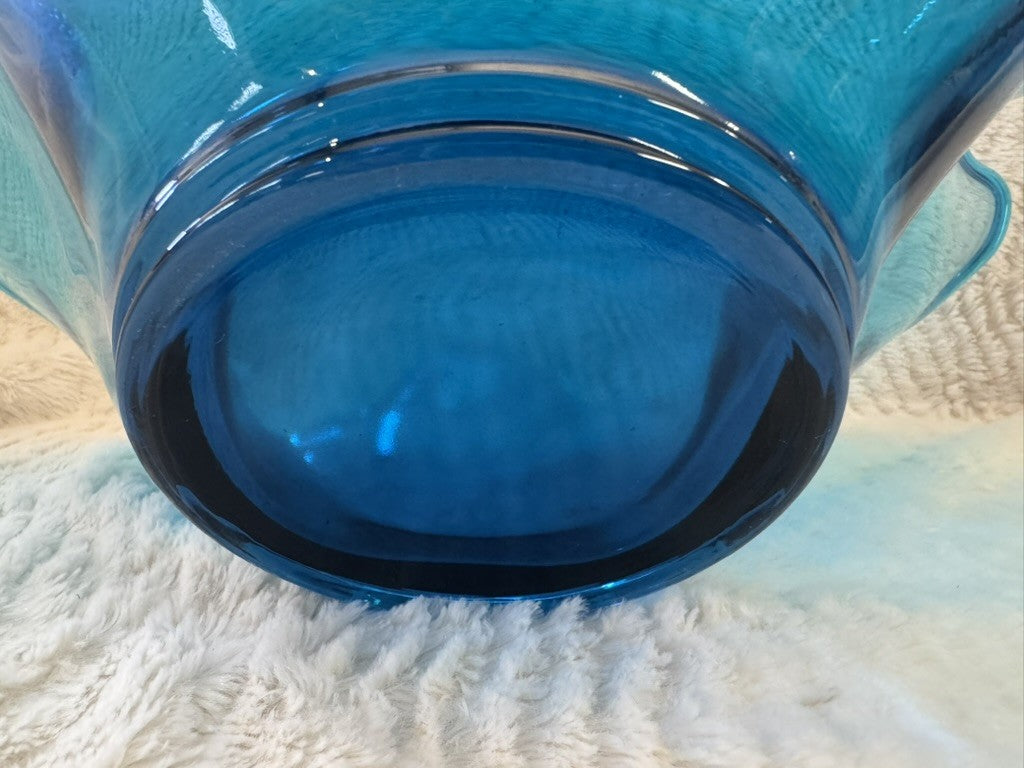 Vintage Hand Blown Blue Ruffle Art Glass Bowl – 17” Wide x 9”