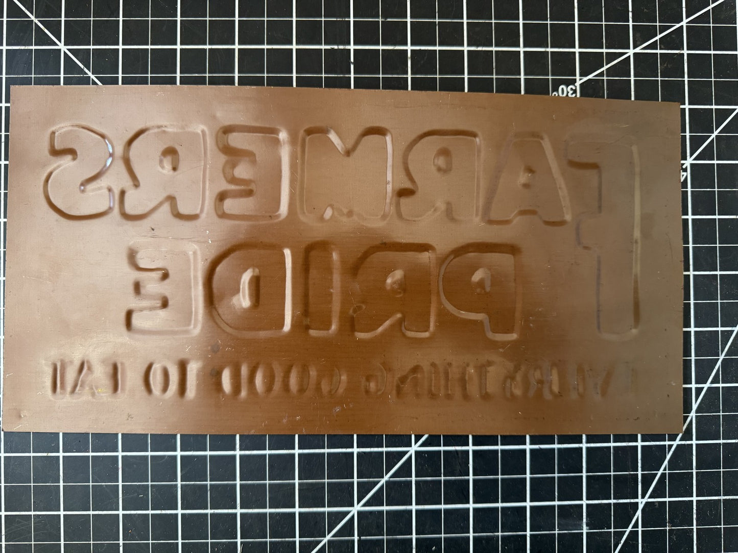 1930s NOS “FARMERS PRIDE Everything Good to Eat” Embossed Metal Sign – 11.5”x6”