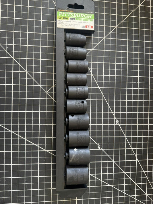 Pittsburgh 1/2” Drive 10pc Impact Socket Set – Item #67917 – Black Phosphate