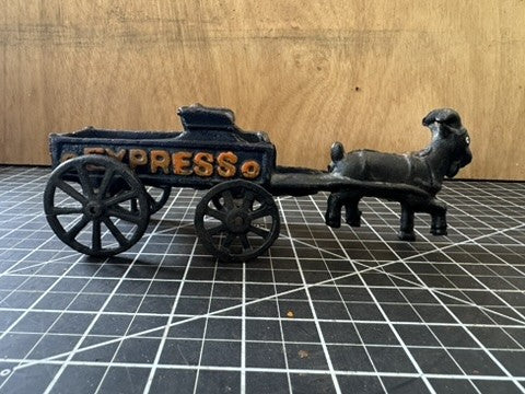 Vintage Cast Iron Goat Pulling Espresso Wagon Toy – 8” Long