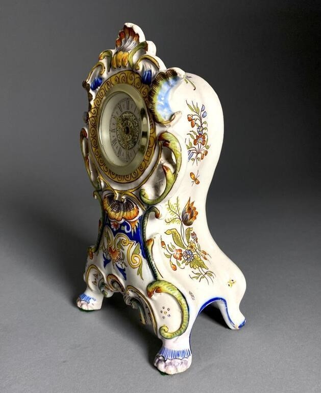 French Faience Hand-Painted Lambrequin Clock – Mercedes German Movement