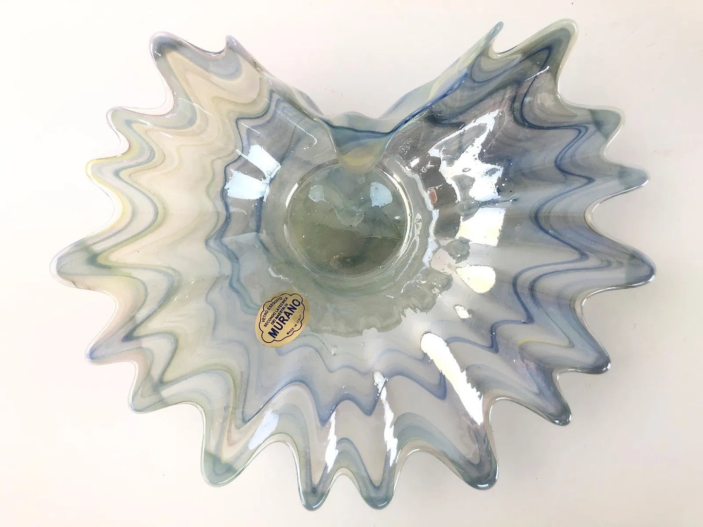 Murano Art Glass Bowl – Wavy Starburst Rim – Blue & Gray Swirl – 8” – Italy