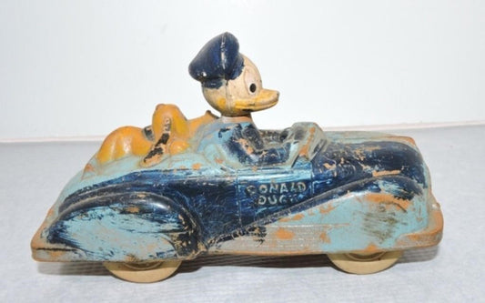 1940s Sun Rubber Donald Duck & Pluto Car – Vintage Disney Heavy Rubber Toy