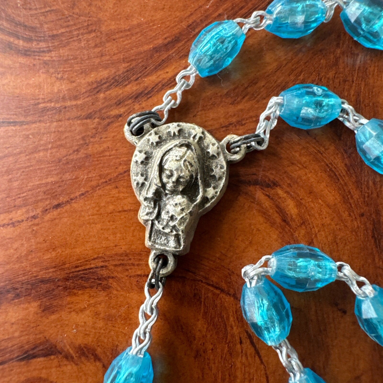 Vintage Blue Bead Made In Italy Rosary Silver Crucifix Pendant