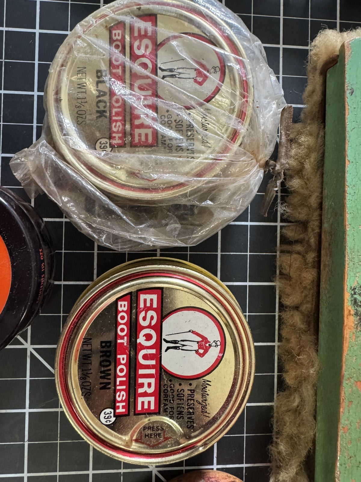 Vintage Boot Polish Lot w/ Shoe Shine Box, Esquire & Cavalier Tins, 3 Brushes