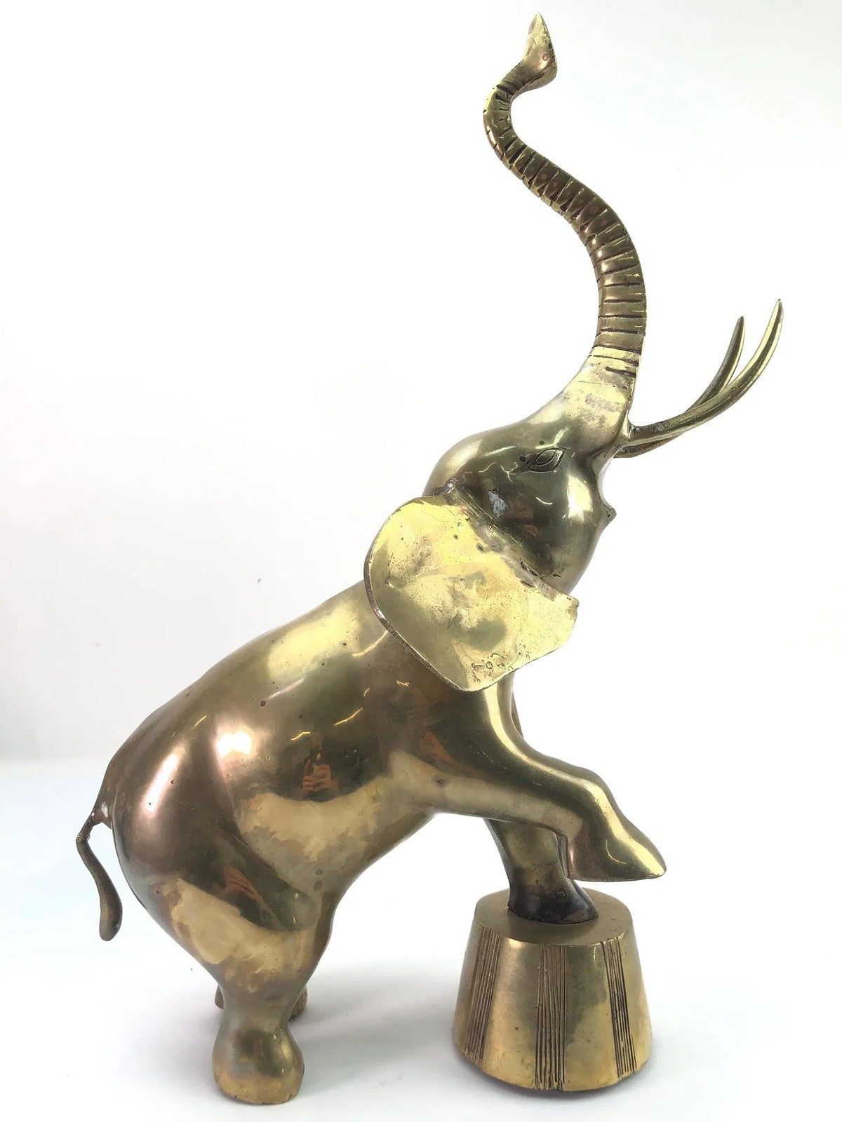 Vintage Brass Elephant Sculpture – 17” Tall Circus Display with Raised Trunk