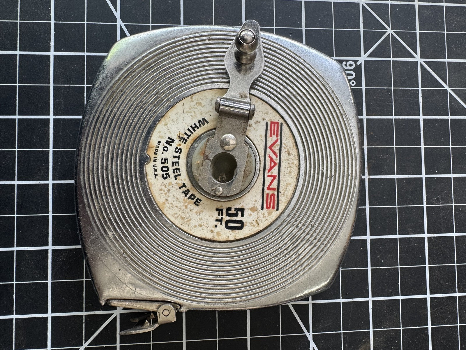 Vintage Evans 50 Ft Steel Tape Measure No. 505 – White Coated, Made in USA