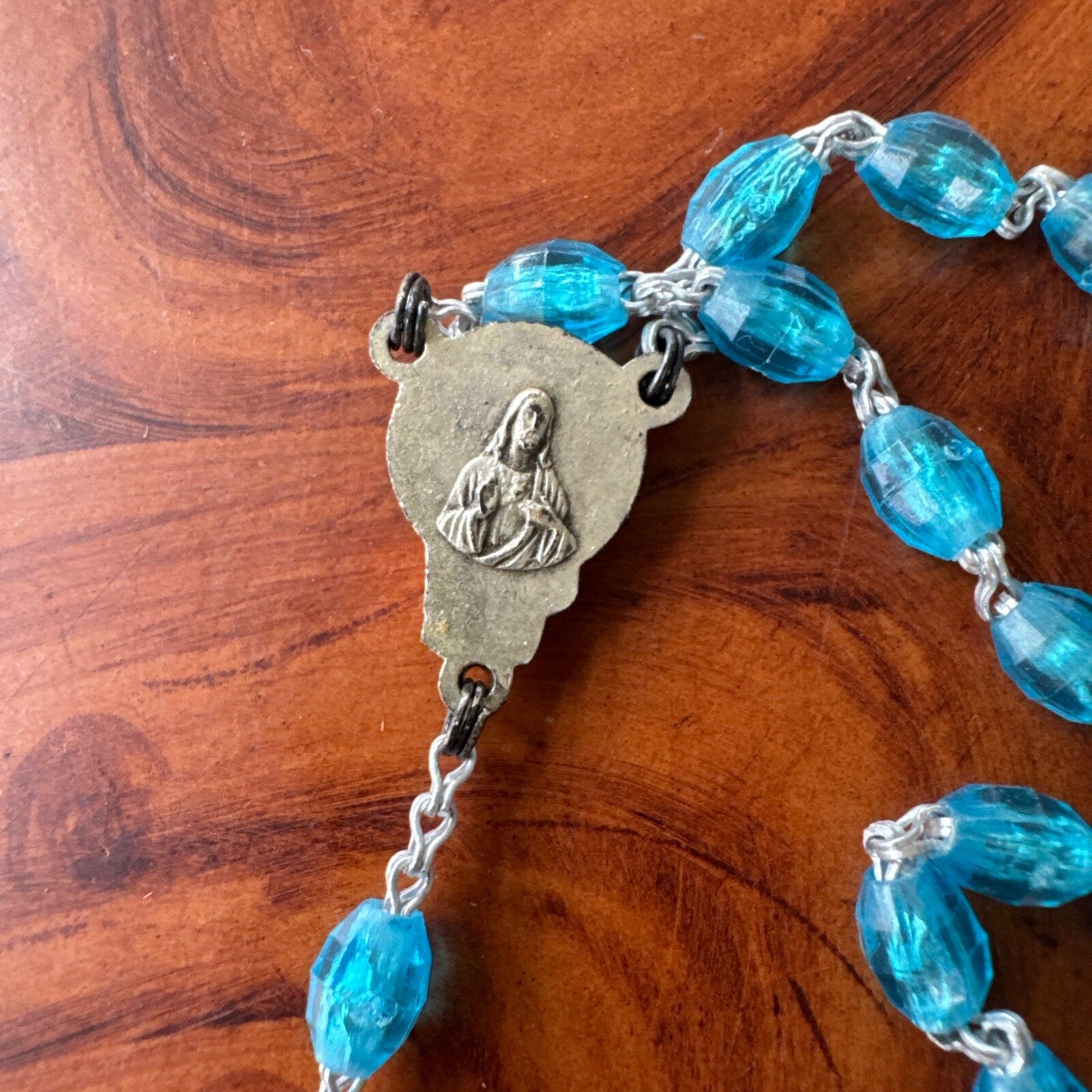 Vintage Blue Bead Made In Italy Rosary Silver Crucifix Pendant
