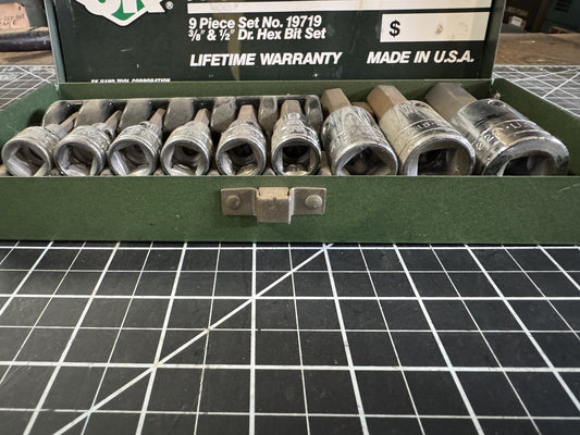 S-K 9pc Fractional Hex Bit Set – 3/8” & 1/2” Drive, Vintage w/ Original Tin