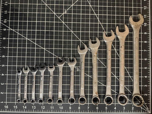 12pc Lot of Combination Wrenches – Mixed Brands – India – SAE Sizes 1/4” to 7/8”