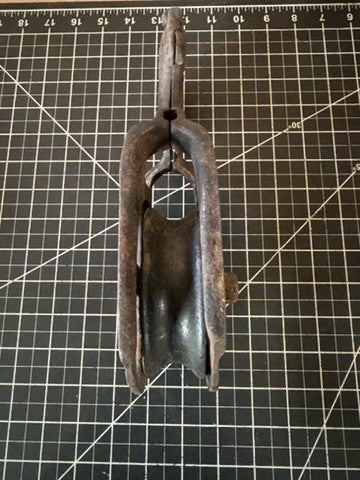 Antique Iron Pulley with Hook – Marked P1334, Pat. Aug 15 1916 – approx 12” x 6”
