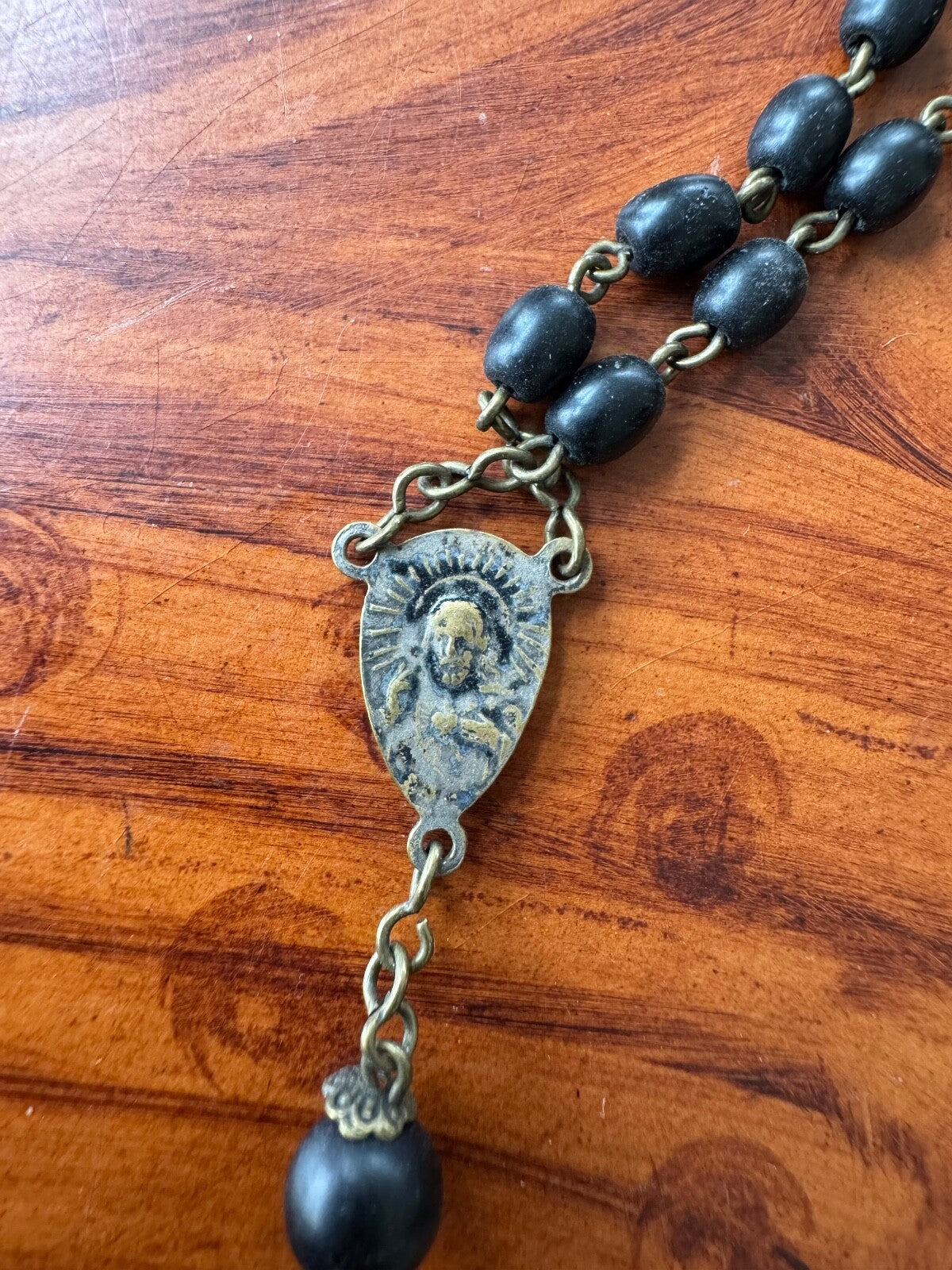 Vintage Black Wood Beads & Metal Cross Rosary