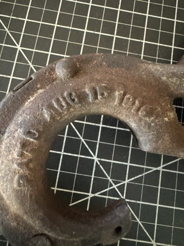 Antique Iron Pulley with Hook – Marked P1334, Pat. Aug 15 1916 – approx 12” x 6”