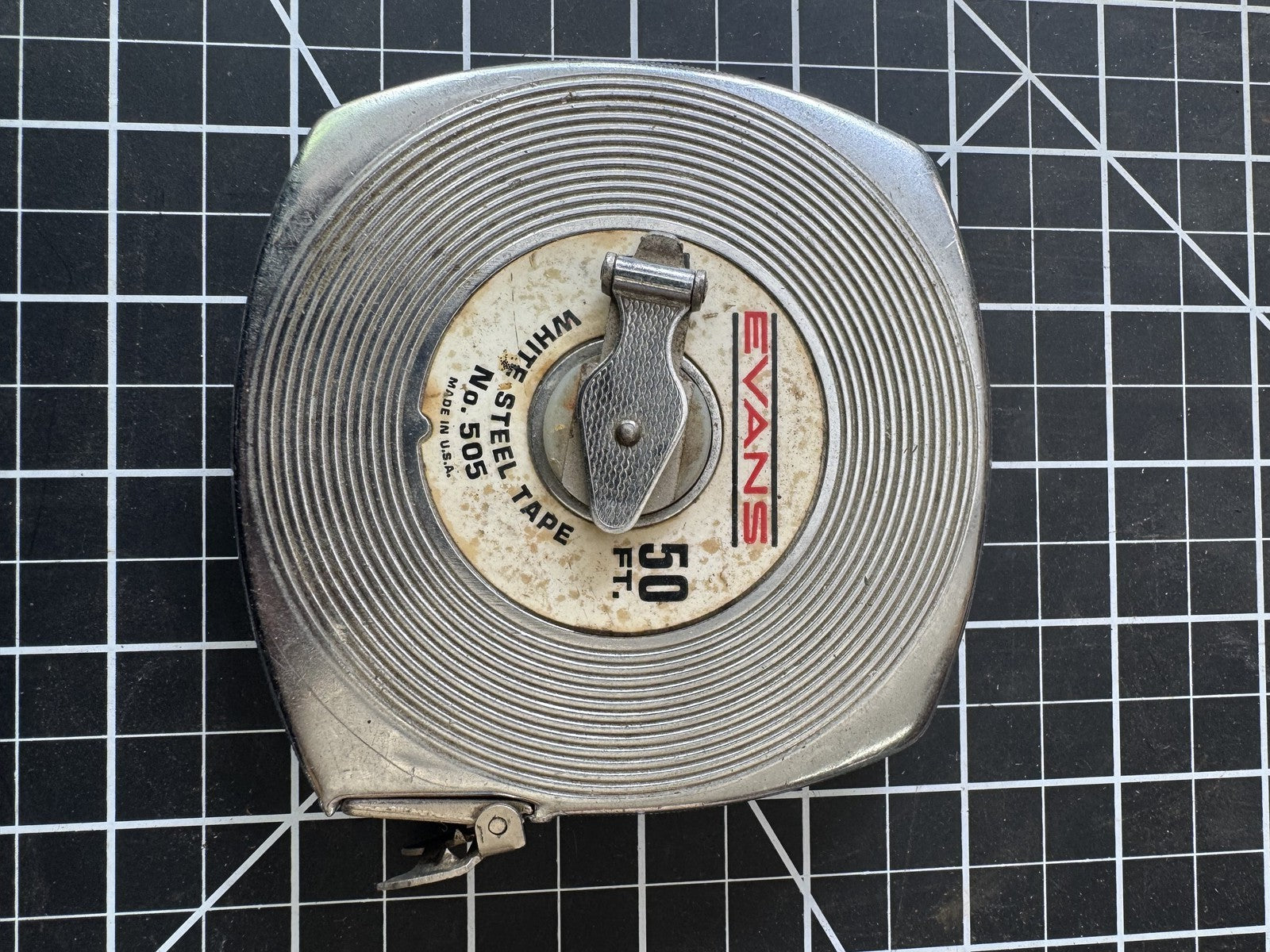 Vintage Evans 50 Ft Steel Tape Measure No. 505 – White Coated, Made in USA