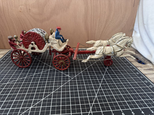 Vintage Cast Iron Hose Wagon – Horse-Drawn Fire Engine with 3 Firemen, 2 Horses