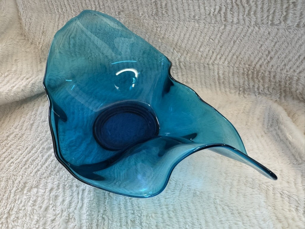 Vintage Hand Blown Blue Ruffle Art Glass Bowl – 17” Wide x 9”