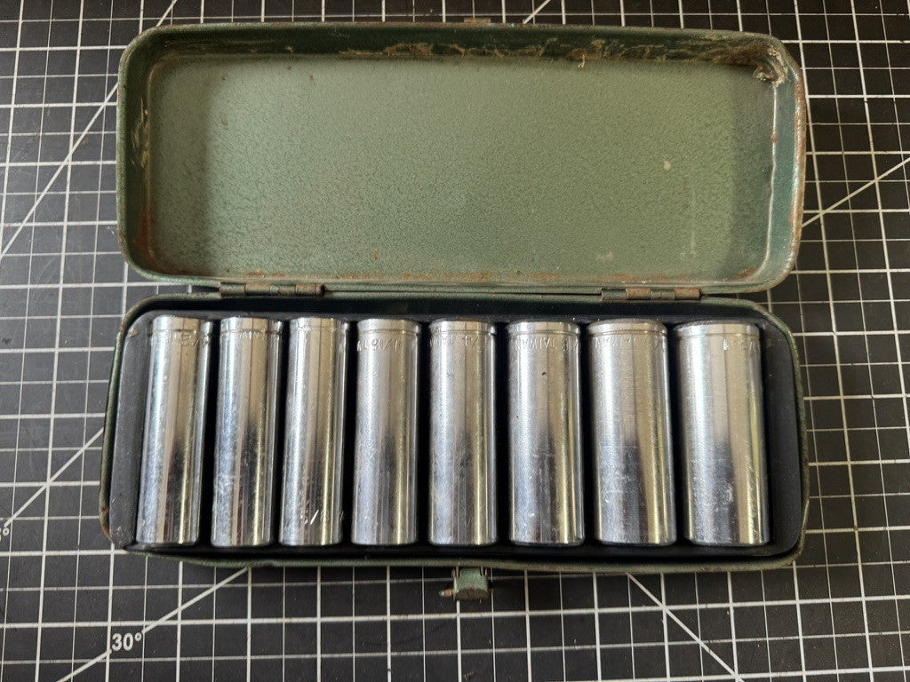 Vintage 8pc Deep Socket Set w/ Original Green Tin – Taiwan