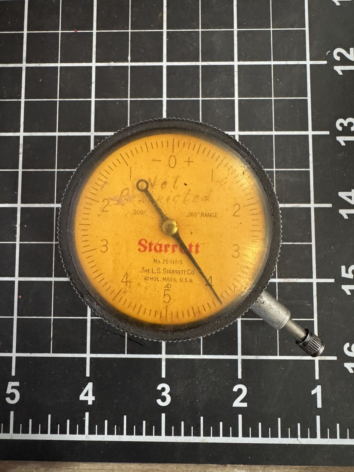 Starrett 25-111-S Dial Indicator – .001” Grad, .250” Range, Jeweled USA