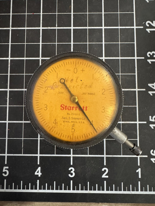 Starrett 25-111-S Dial Indicator – .001” Grad, .250” Range, Jeweled USA